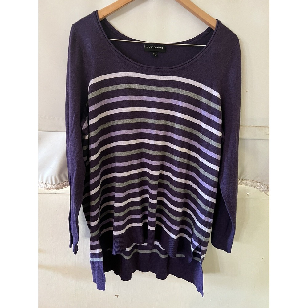 LANE BRYANT Plus Size 18/20 Purple Plum Gray White Stripe Knit Sweater 394
